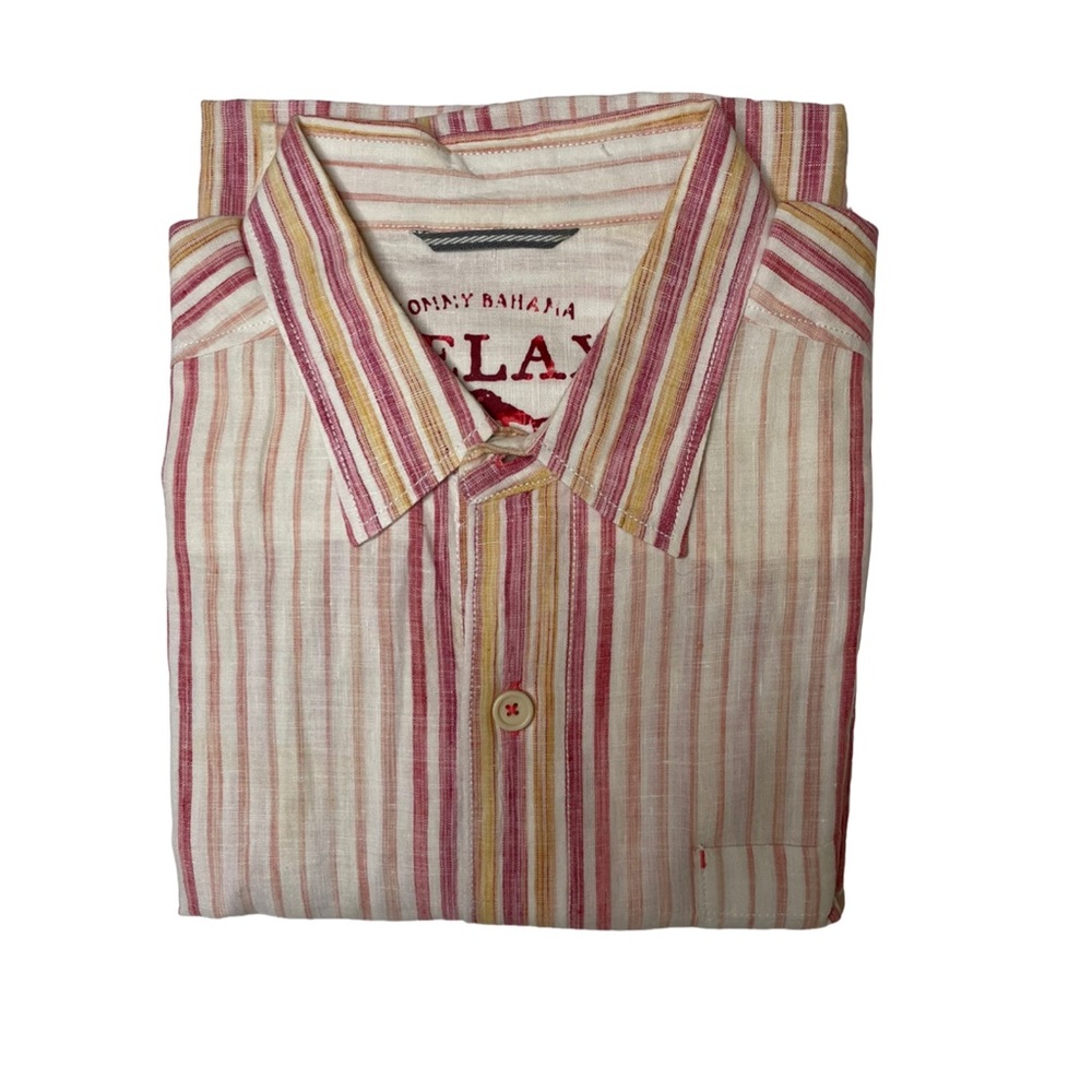 Tommy Bahama Men’s Button Down Coral White Striped Island Zone Long Sleeve Shirt